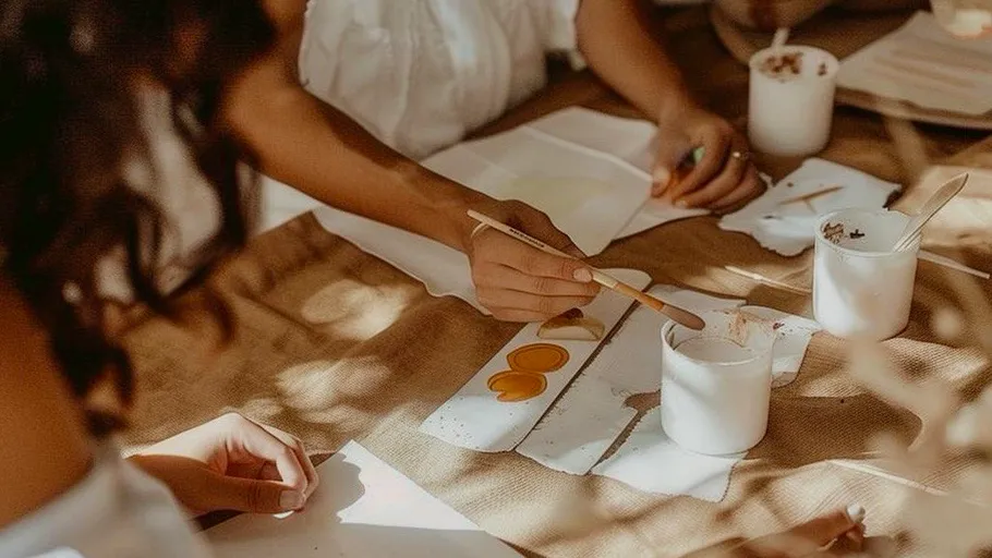 Person painting with brush indoors on table.