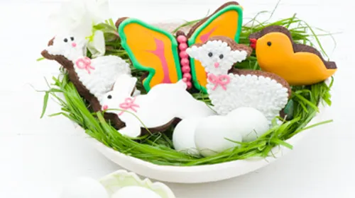 Decorated cookies with animal shapes on grass.