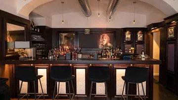Elegant bar with portrait and stools.