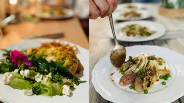 Gourmetgerichte mit Gemüse auf Tischen serviert.