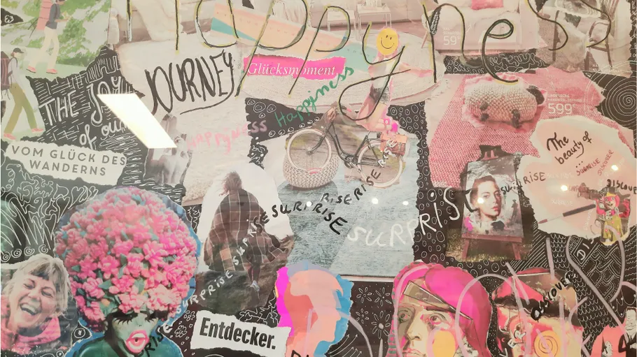 Colorful collage with words and various images.