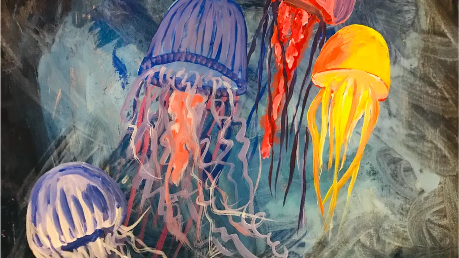 Colorful jellyfish swimming in the ocean.