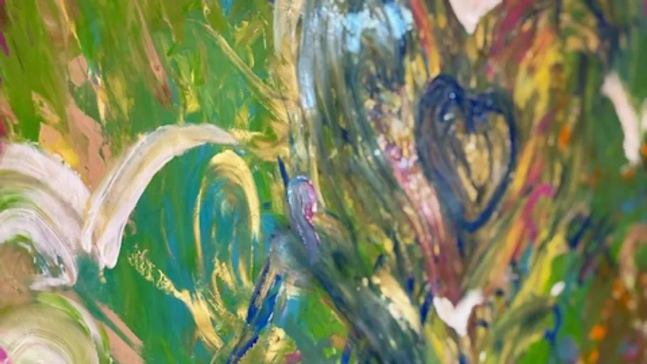 Abstract painting with colorful heart shapes.