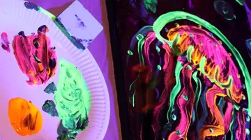 Fluorescent paints on palette and canvas.