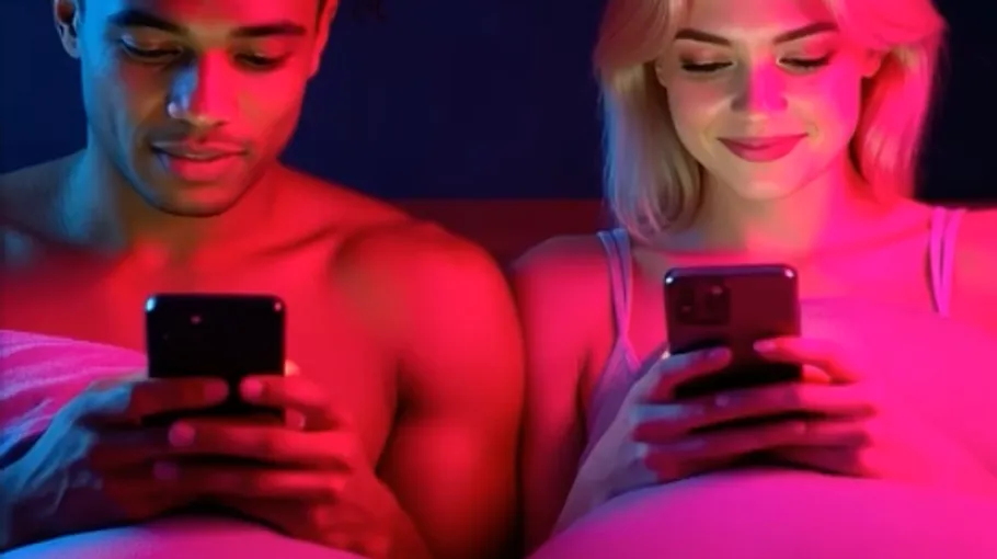 Zwei Personen nutzen Handys im Bett, bunte Beleuchtung.