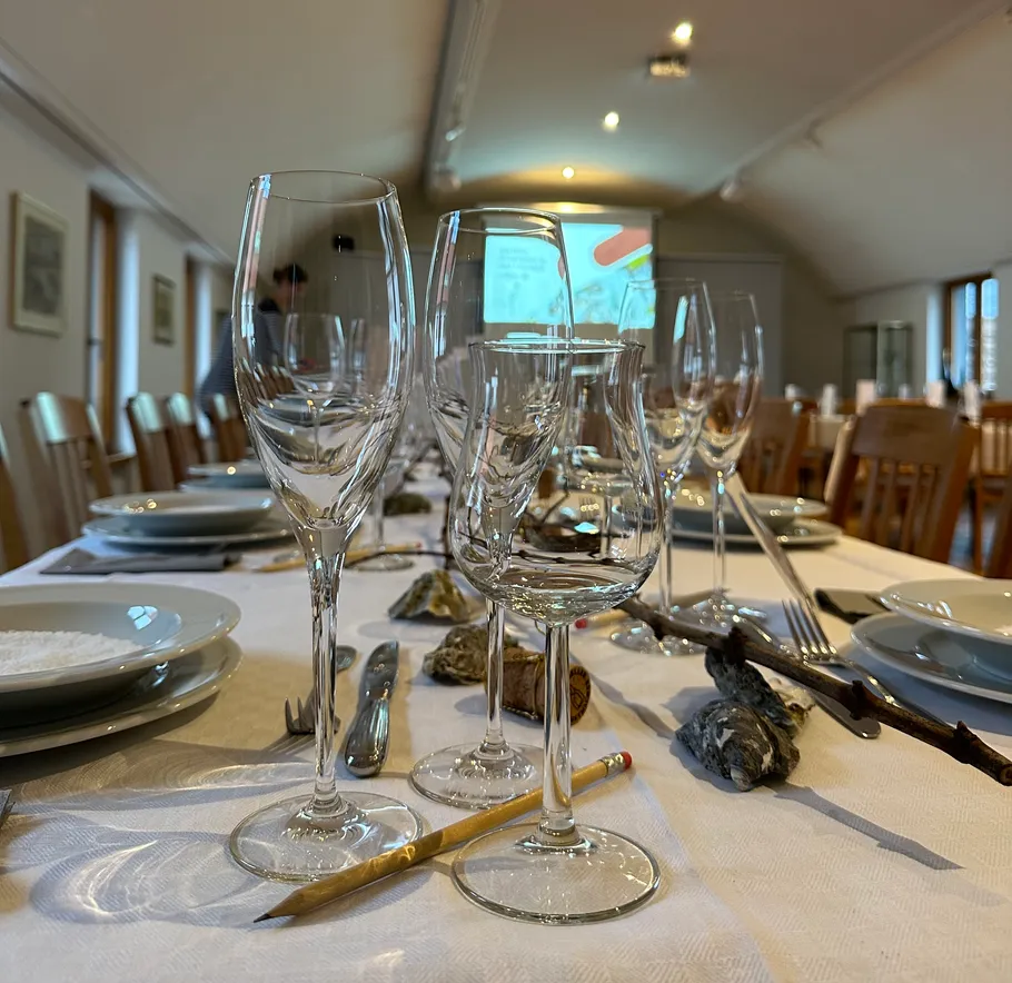 Empty wine glasses on a set dining table.