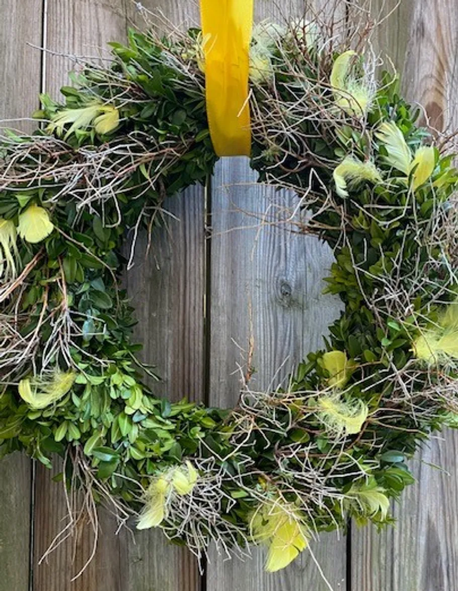 Wreath with feathers on wooden door.
