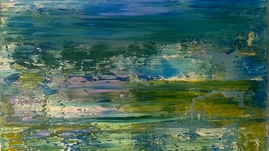 Abstract painting with blue and green swirls.