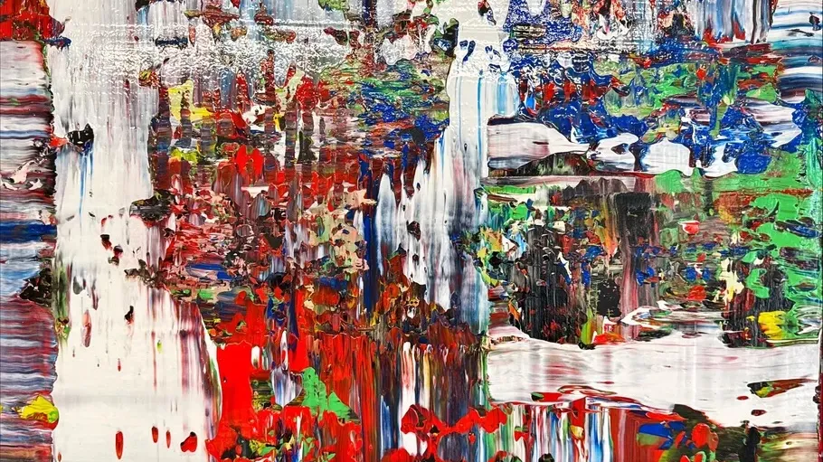 Colorful abstract painting with layered textures.