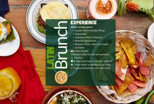 Brunch-Menü und bunte lateinamerikanische Speisen dargestellt.