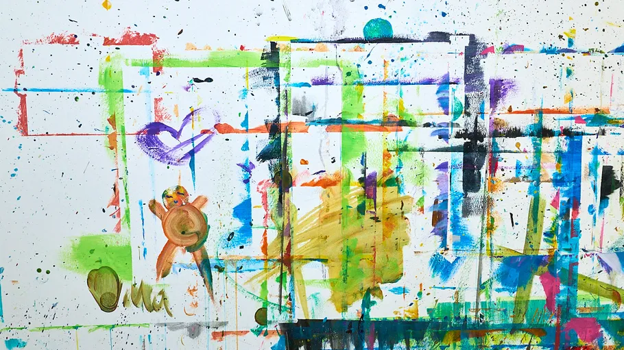 Colorful abstract painting with shapes and lines.