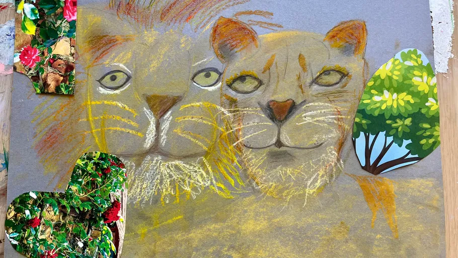 Lion and lioness drawn with colorful plant collages.