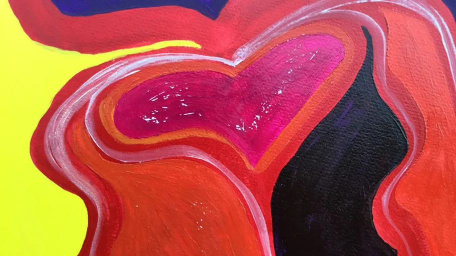 Abstract painting with vibrant swirling colors.