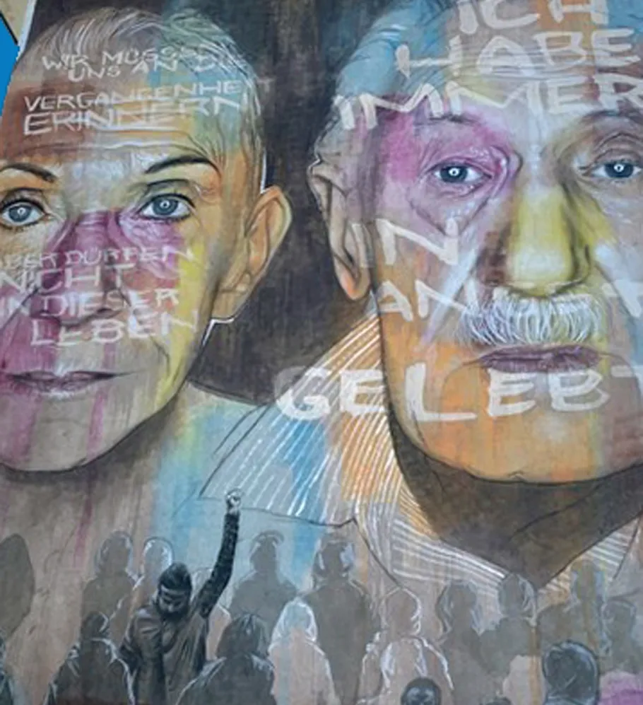 Two faces with text overlay and crowd below.