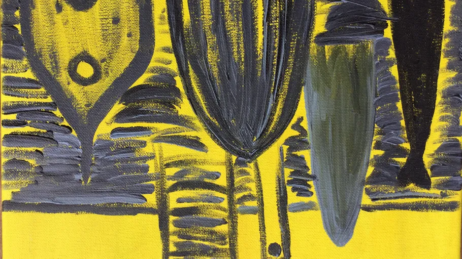 Abstract shapes painted on yellow background.