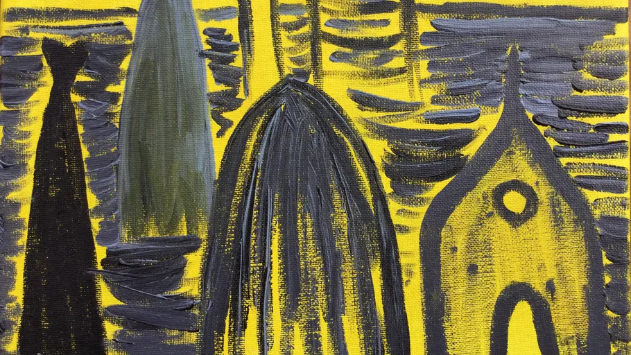 Abstract shapes painted on yellow background.