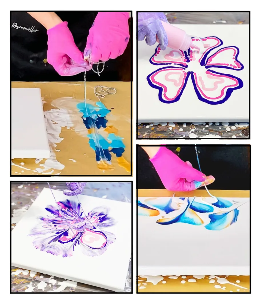 Person creates abstract art using chain and paint.