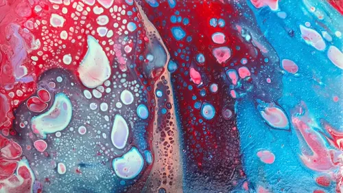 Abstract painting with red, blue, and white patterns.