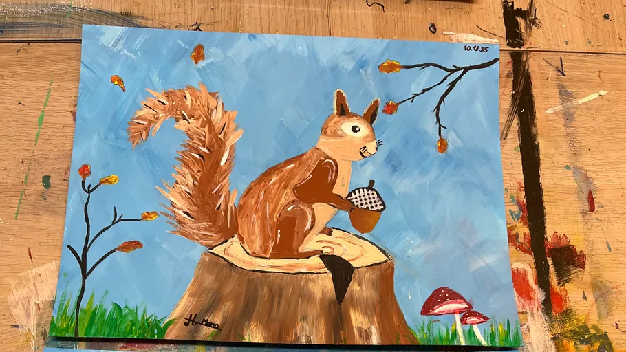 Squirrel painting on tree stump, holding acorn.