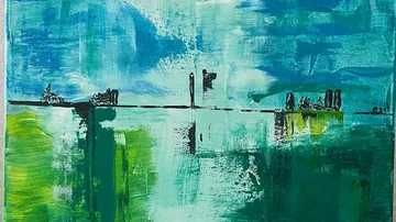 Abstract painting, horizontal lines, green and blue hues.