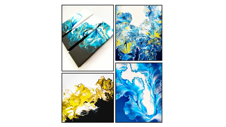 Abstract blue and yellow paintings grid.