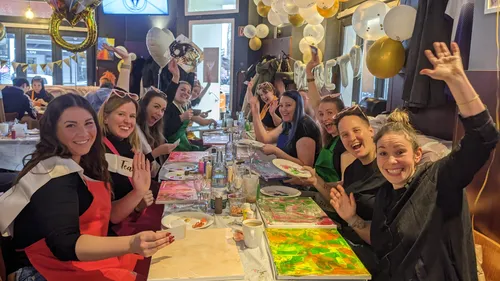 Group of women celebrating at a table.