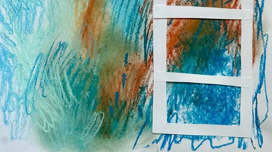 Abstract pastel drawing with taped outlines.
