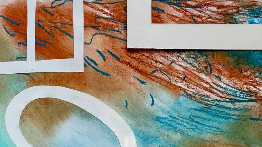 Abstract painting with geometric shapes overlay.