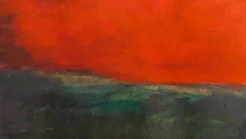 Abstrakte Landschaft mit rotem Himmel und dunklem Vordergrund.