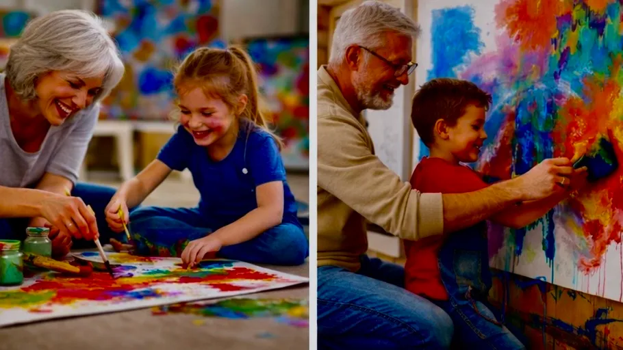 Adults and children painting with brushes indoors.