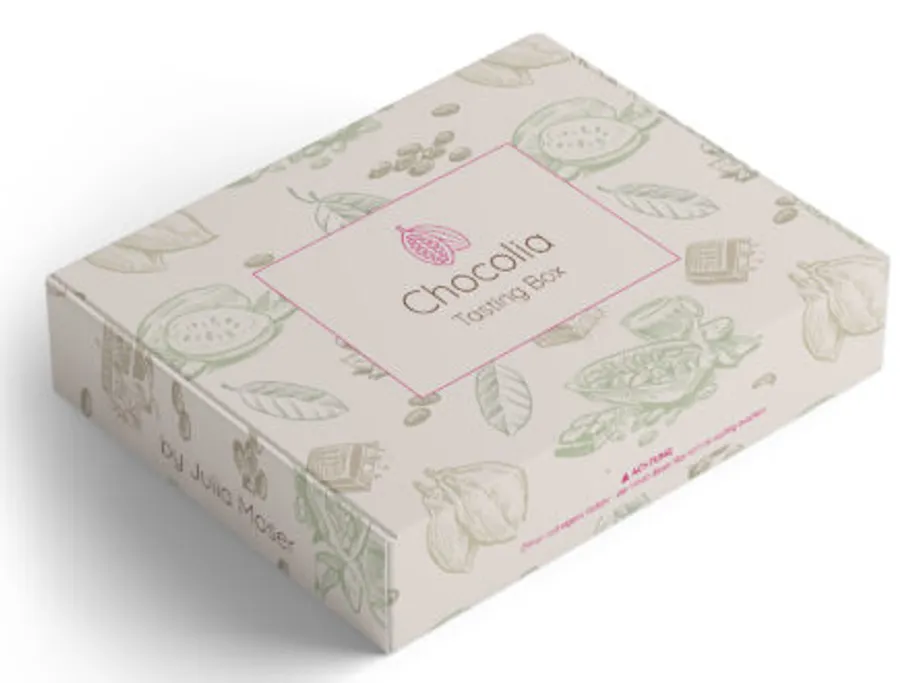 Small decorative box with “Chocalia Tasting Box” printed on it