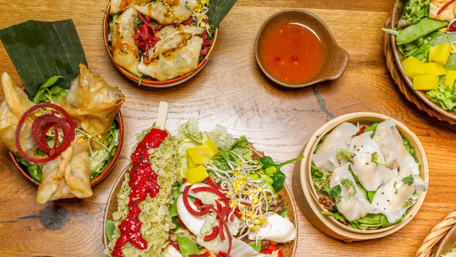 Assorted dumplings and salad dishes on wooden table.