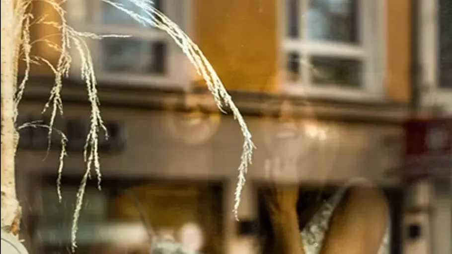 Spiegelung von Menschen im Fensterglas mit Straßenansicht.