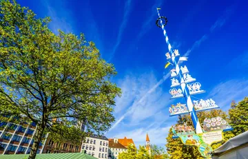 Maibaum und Bäume unter klarem blauen Himmel.