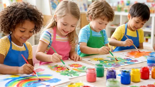Children painting colorful pictures in a classroom.