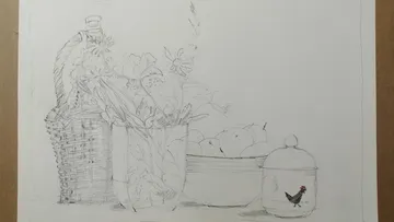 Sketch of bottle, flowers, apples, and jar.