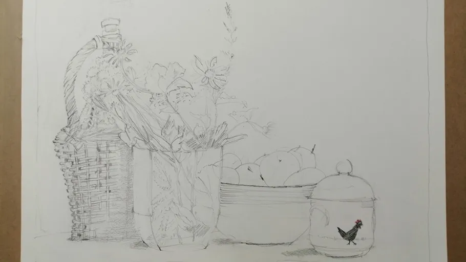 Skizze von Flasche, Blumen, Äpfeln und Glas.