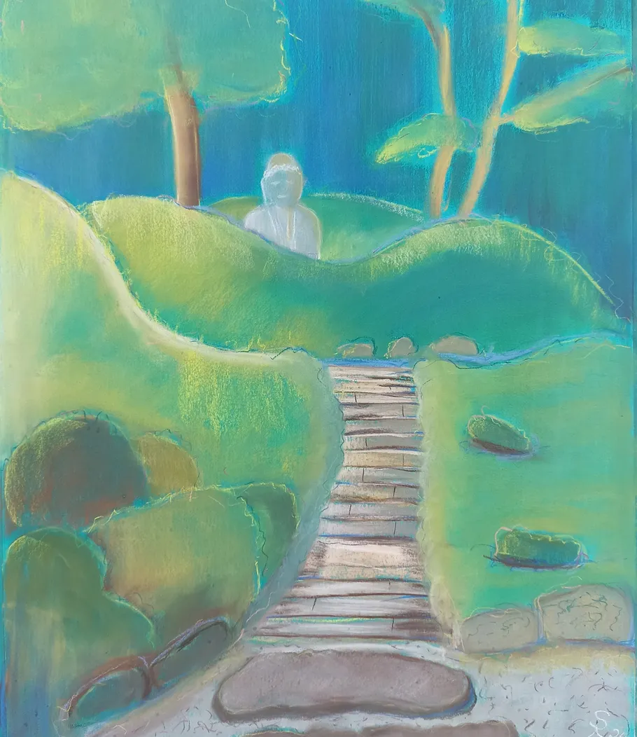 Abstract path leading to a statue in greenery.