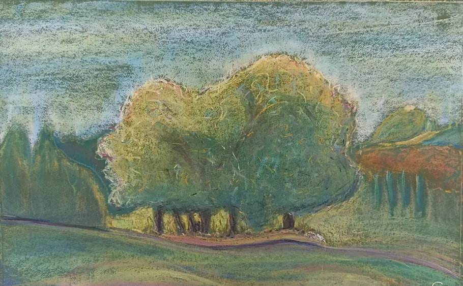 Großer Baum in buntem Landschaftsgemälde.