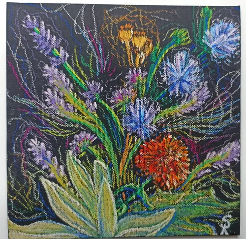 Bunte abstrakte Blumen auf dunklem Hintergrund.