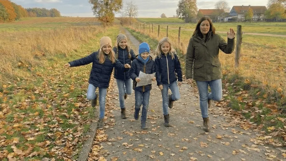 Familie spaziert auf Landstraße, Herbstlandschaft.