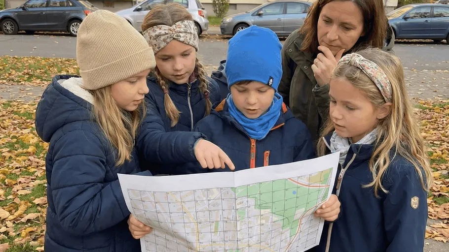 Children with a map in a park.