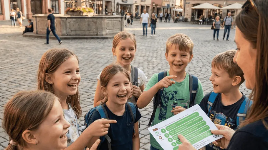 Children smiling and pointing at paper in town square.