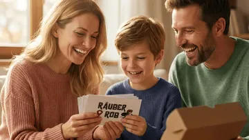 Familie spielt Kartenspiel im Wohnzimmer.