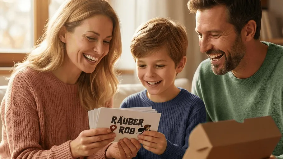 Family playing card game in living room.