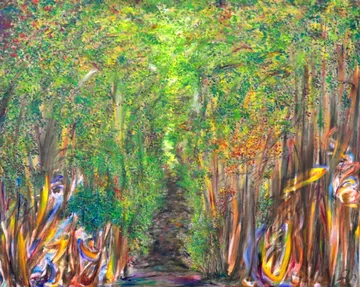 Vibrant abstract forest with colorful trees.