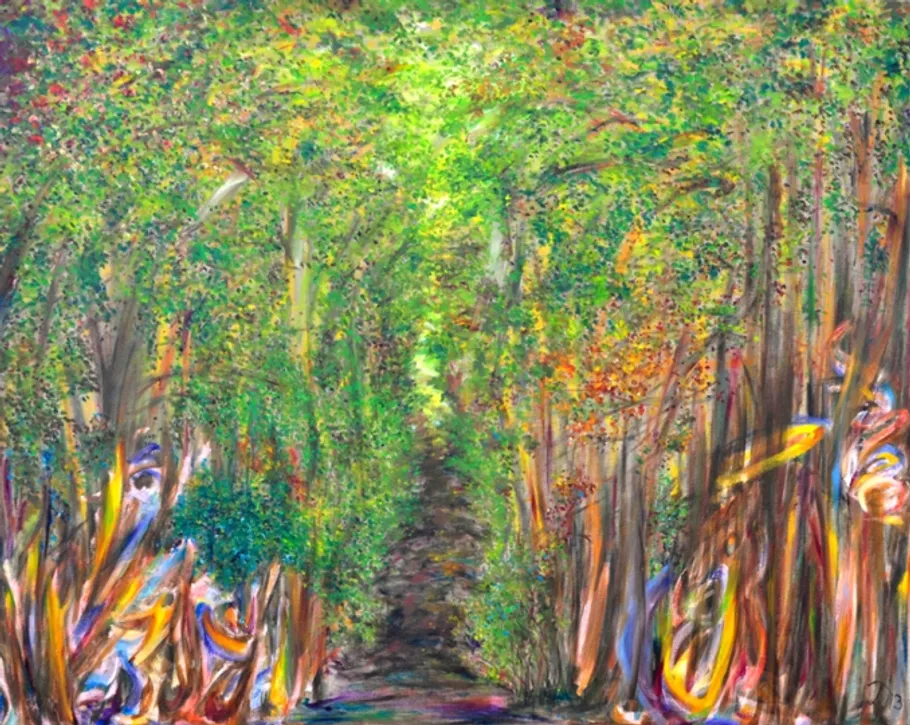 Vibrant abstract forest with colorful trees.