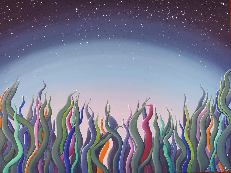 Colorful plants under a starry night sky.