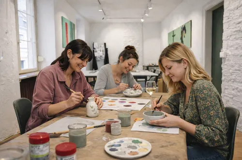 Frauen bemalen Keramik in einem Studio.