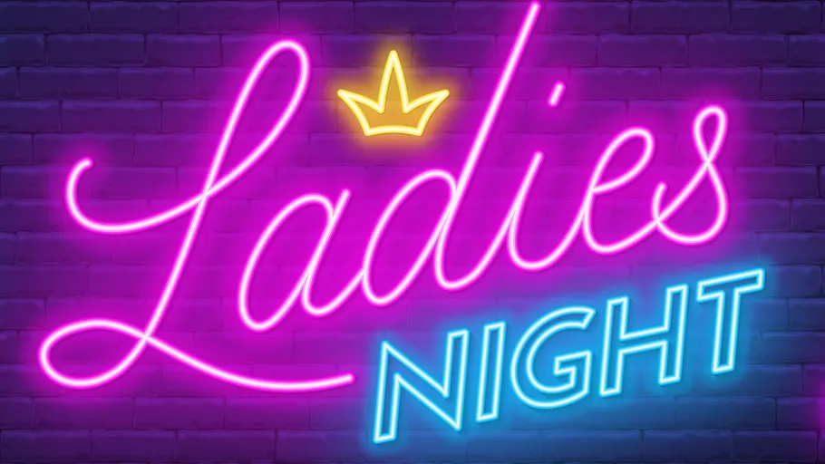 Neon 'Ladies Night' sign with crown.